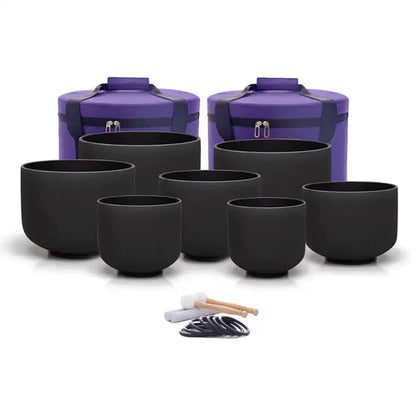 Black Chakra Frosted Quartz Crystal Singing Bowl Set of 7 Pcs 7"-12" with Free Case