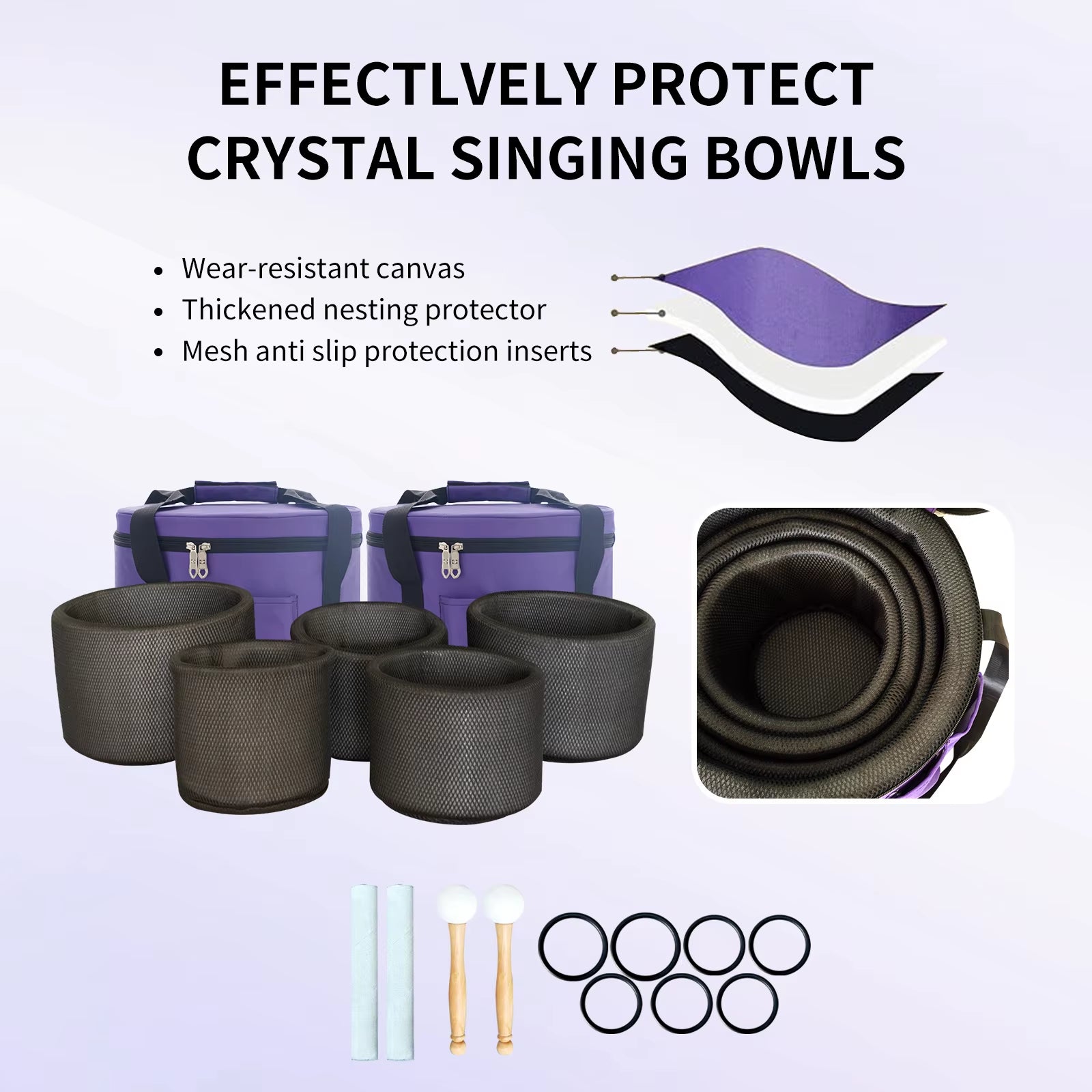 Black Chakra Frosted Quartz Crystal Singing Bowl Set of 7 Pcs 7"-12" with Free Case