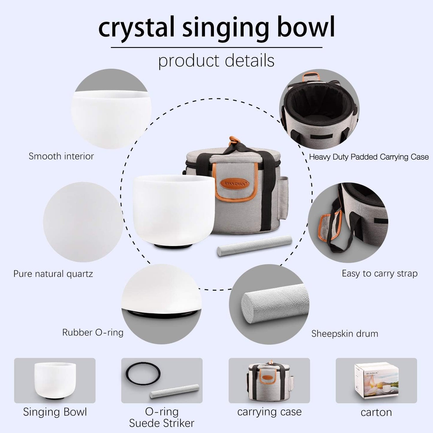 8” E Note Frosted Solar Plexus Chakra Crystal Singing Bowl with Free Heavy-Duty Carrying Case and Suede Striker O-Ring